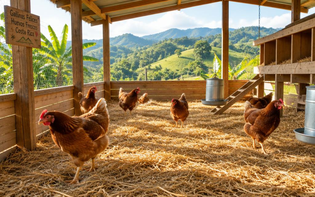 Gallinas en galpón con lomas de Costa Rica